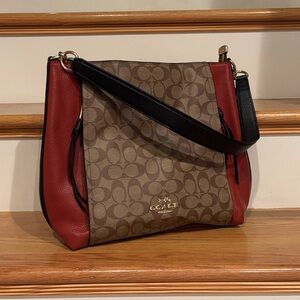 Coach Brown Signature Canvas Shoulder Bag with Red Leather Trim